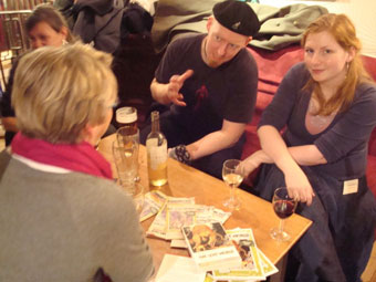 A discussion about the books over drinks in Edinburgh.
