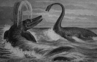 Encounter between ichthyosaur and long-necked plesiosaur from Louis Figurier's The World Before the Deluge (1865) (Bristol Libraries).